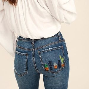 Medium Wash Cacti Embroidered Skinny Jeans